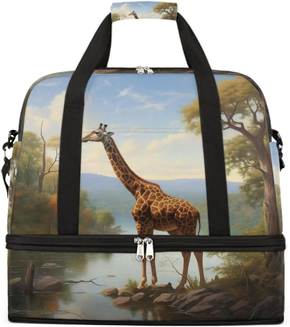 Sports Gym Bag Forest Giraffe Landscape Large Travel Duffel Bag With Shoe Compartment Foldable Waterproof Carry-On Weekend Travel Bags for Camping Overnight Yoga Hospital Travel Bags