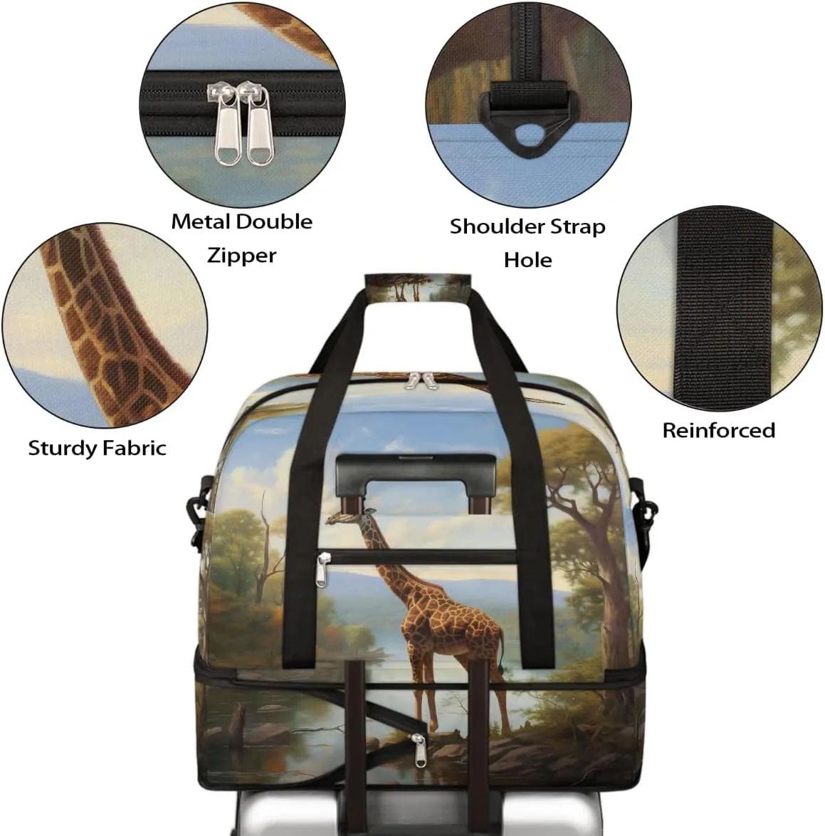 Sports Gym Bag Forest Giraffe Landscape Large Travel Duffel Bag With Shoe Compartment Foldable Waterproof Carry-On Weekend Travel Bags for Camping Overnight Yoga Hospital Travel Bags