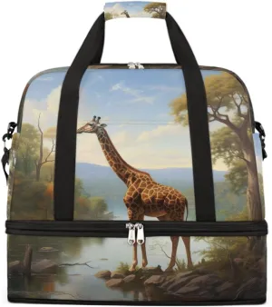 Sports Gym Bag Forest Giraffe Landscape Large Travel Duffel Bag With Shoe Compartment Foldable Waterproof Carry-On Weekend Travel Bags for Camping Overnight Yoga Hospital Travel Bags