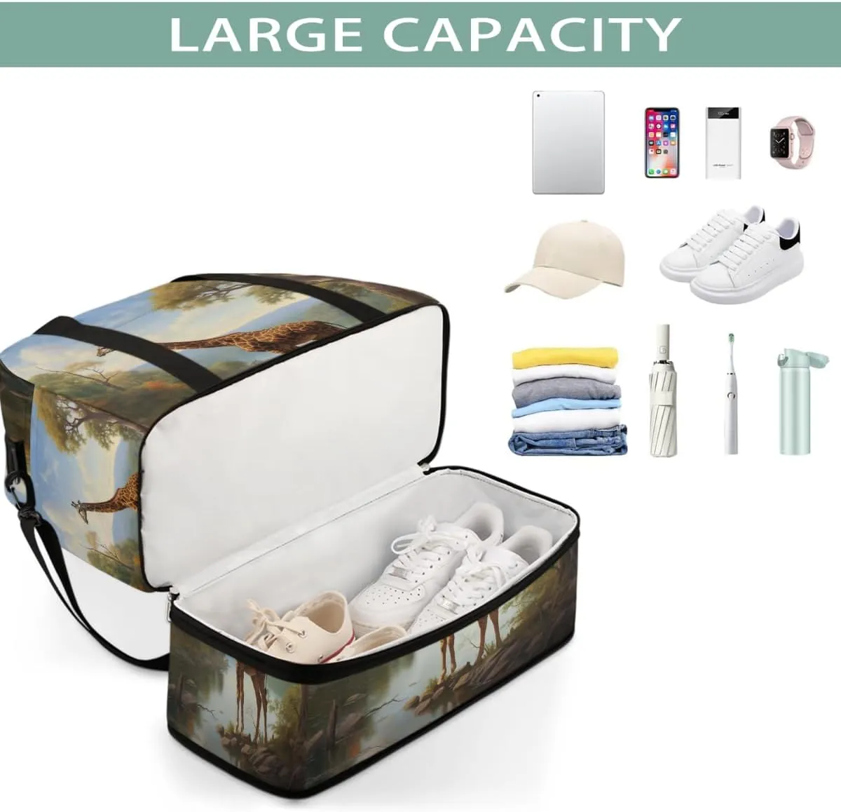 Sports Gym Bag Forest Giraffe Landscape Large Travel Duffel Bag With Shoe Compartment Foldable Waterproof Carry-On Weekend Travel Bags for Camping Overnight Yoga Hospital Travel Bags