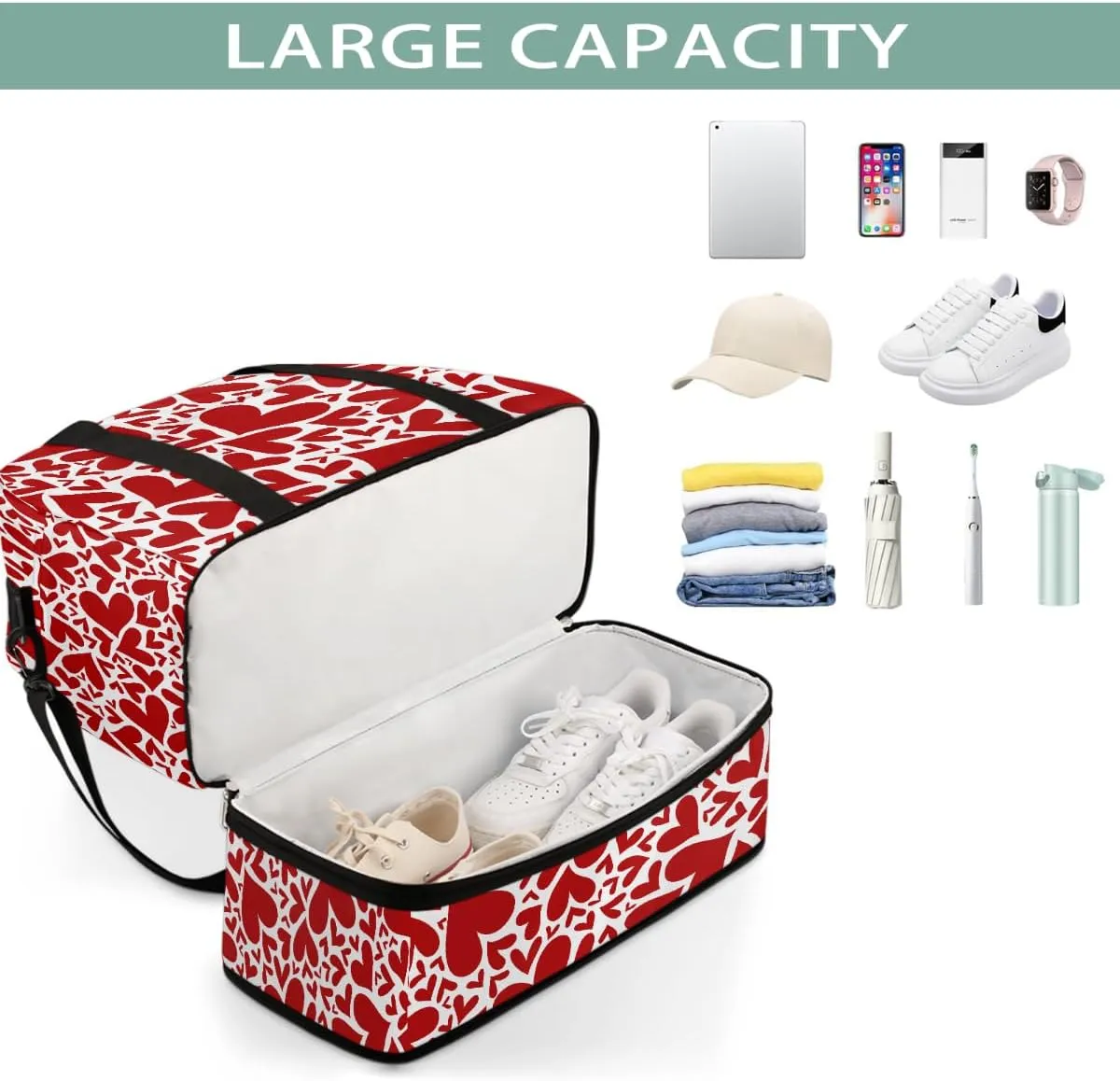 Sports Gym Bag Love Red Tile Large Travel Duffel Bag With Shoe Compartment Foldable Waterproof Carry-On Weekend Travel Bags for Camping Overnight Yoga Hospital Travel Bags