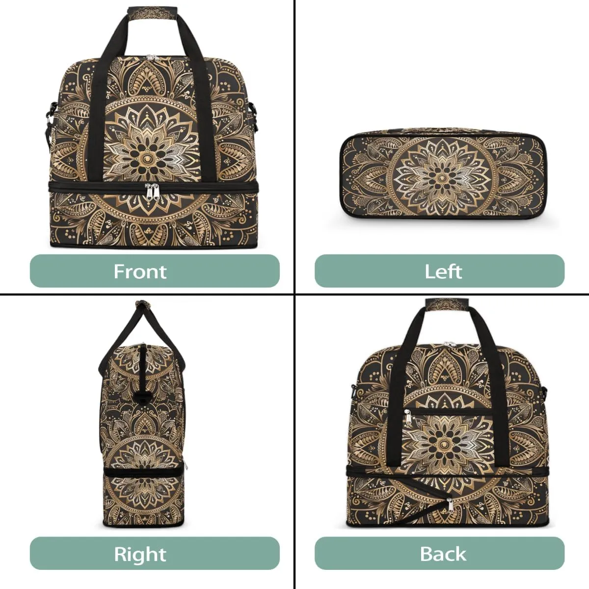 Sports Gym Bag Mandala Black Silk Gold Large Travel Duffel Bag With Shoe Compartment Foldable Waterproof Carry-On Weekend Travel Bags for Camping Overnight Yoga Hospital Travel Bags