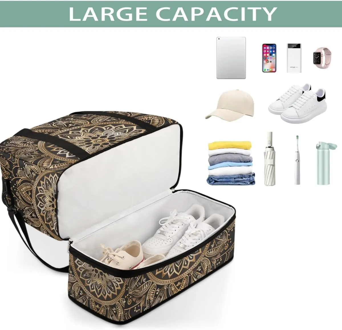 Sports Gym Bag Mandala Black Silk Gold Large Travel Duffel Bag With Shoe Compartment Foldable Waterproof Carry-On Weekend Travel Bags for Camping Overnight Yoga Hospital Travel Bags
