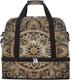 Sports Gym Bag Mandala Black Silk Gold Large Travel Duffel Bag With Shoe Compartment Foldable Waterproof Carry-On Weekend Travel Bags for Camping Overnight Yoga Hospital Travel Bags