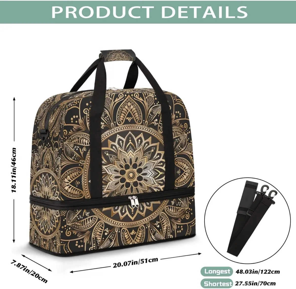 Sports Gym Bag Mandala Black Silk Gold Large Travel Duffel Bag With Shoe Compartment Foldable Waterproof Carry-On Weekend Travel Bags for Camping Overnight Yoga Hospital Travel Bags