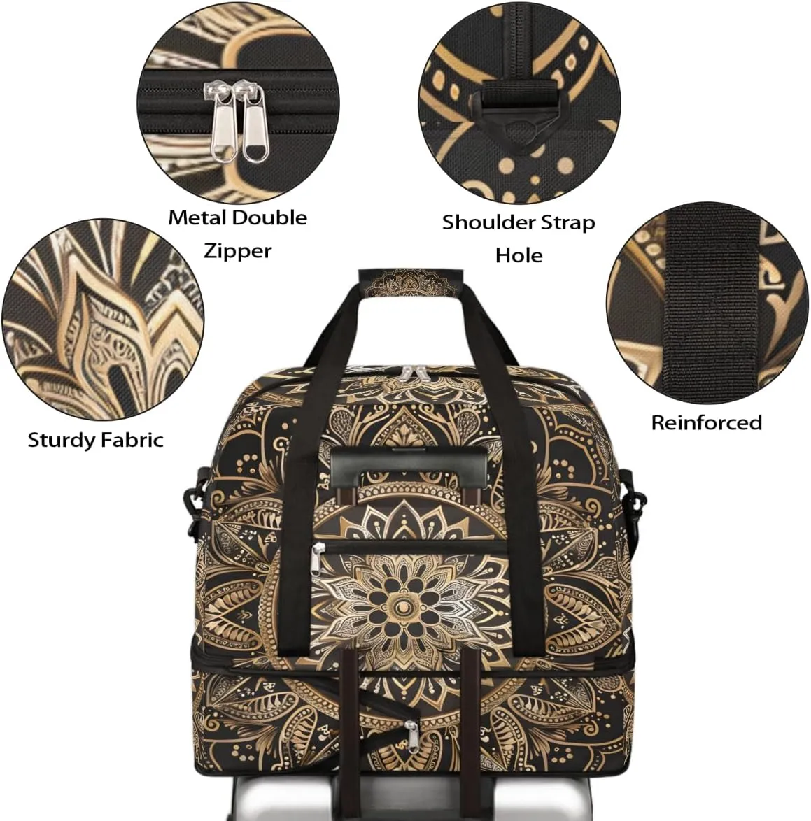 Sports Gym Bag Mandala Black Silk Gold Large Travel Duffel Bag With Shoe Compartment Foldable Waterproof Carry-On Weekend Travel Bags for Camping Overnight Yoga Hospital Travel Bags