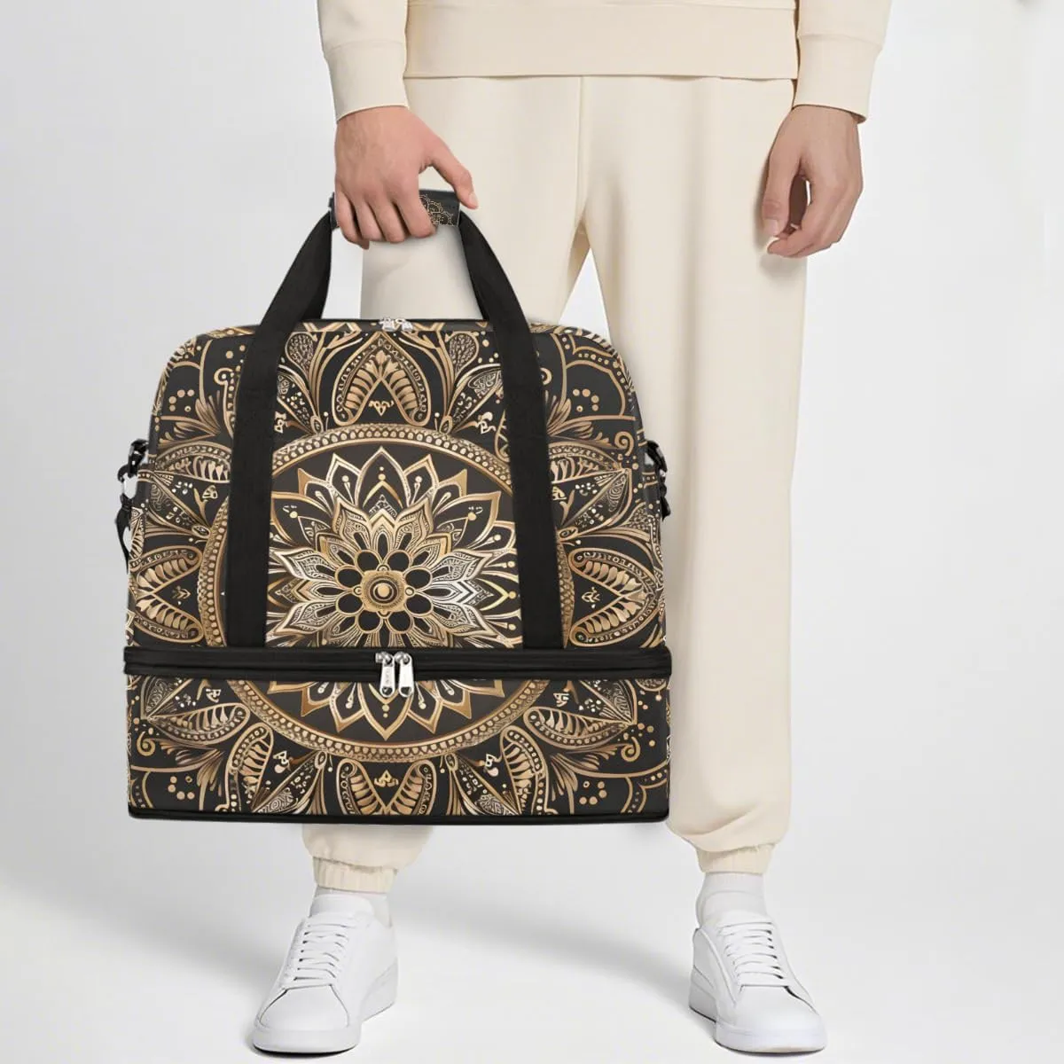 Sports Gym Bag Mandala Black Silk Gold Large Travel Duffel Bag With Shoe Compartment Foldable Waterproof Carry-On Weekend Travel Bags for Camping Overnight Yoga Hospital Travel Bags