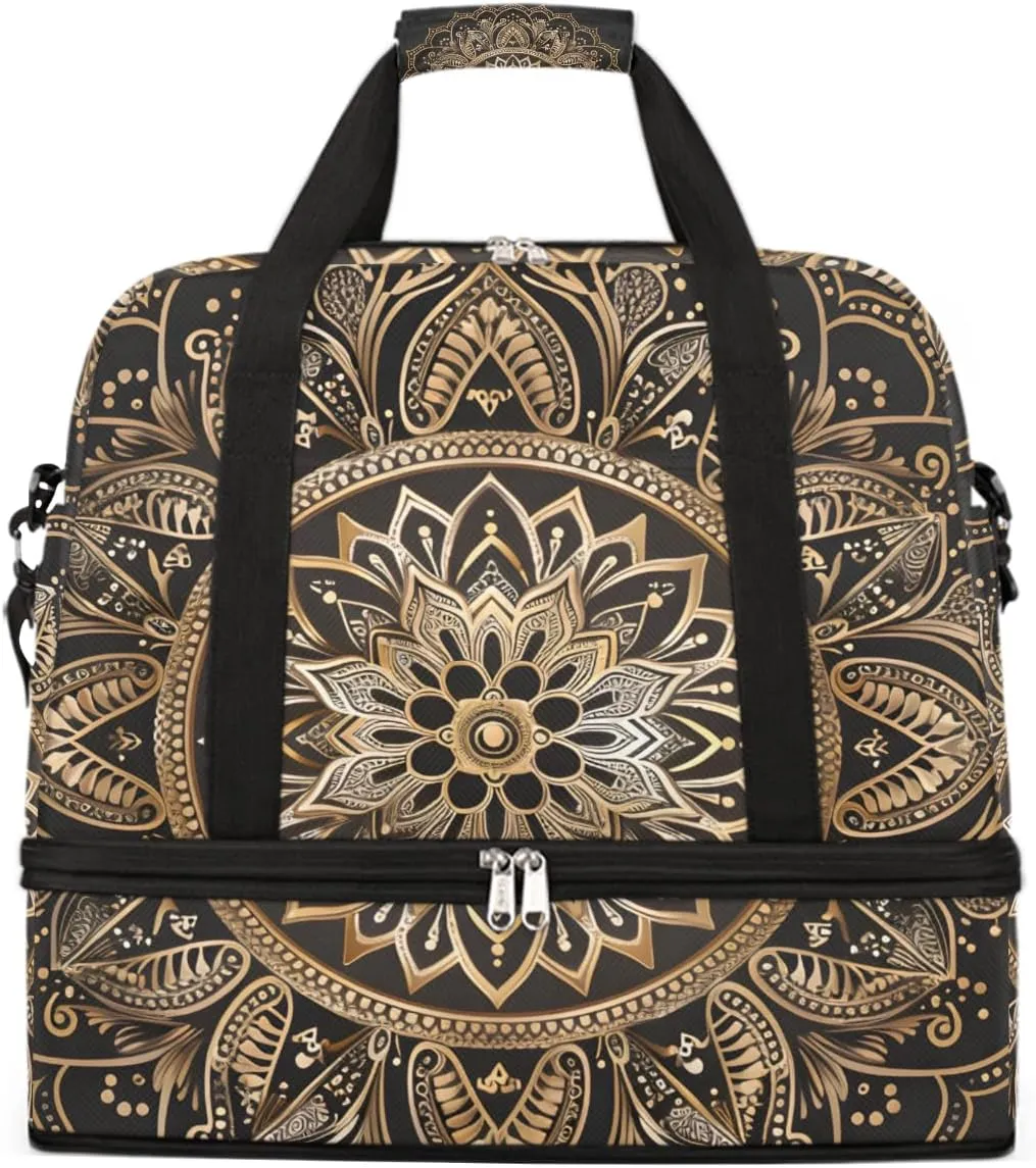 Sports Gym Bag Mandala Black Silk Gold Large Travel Duffel Bag With Shoe Compartment Foldable Waterproof Carry-On Weekend Travel Bags for Camping Overnight Yoga Hospital Travel Bags
