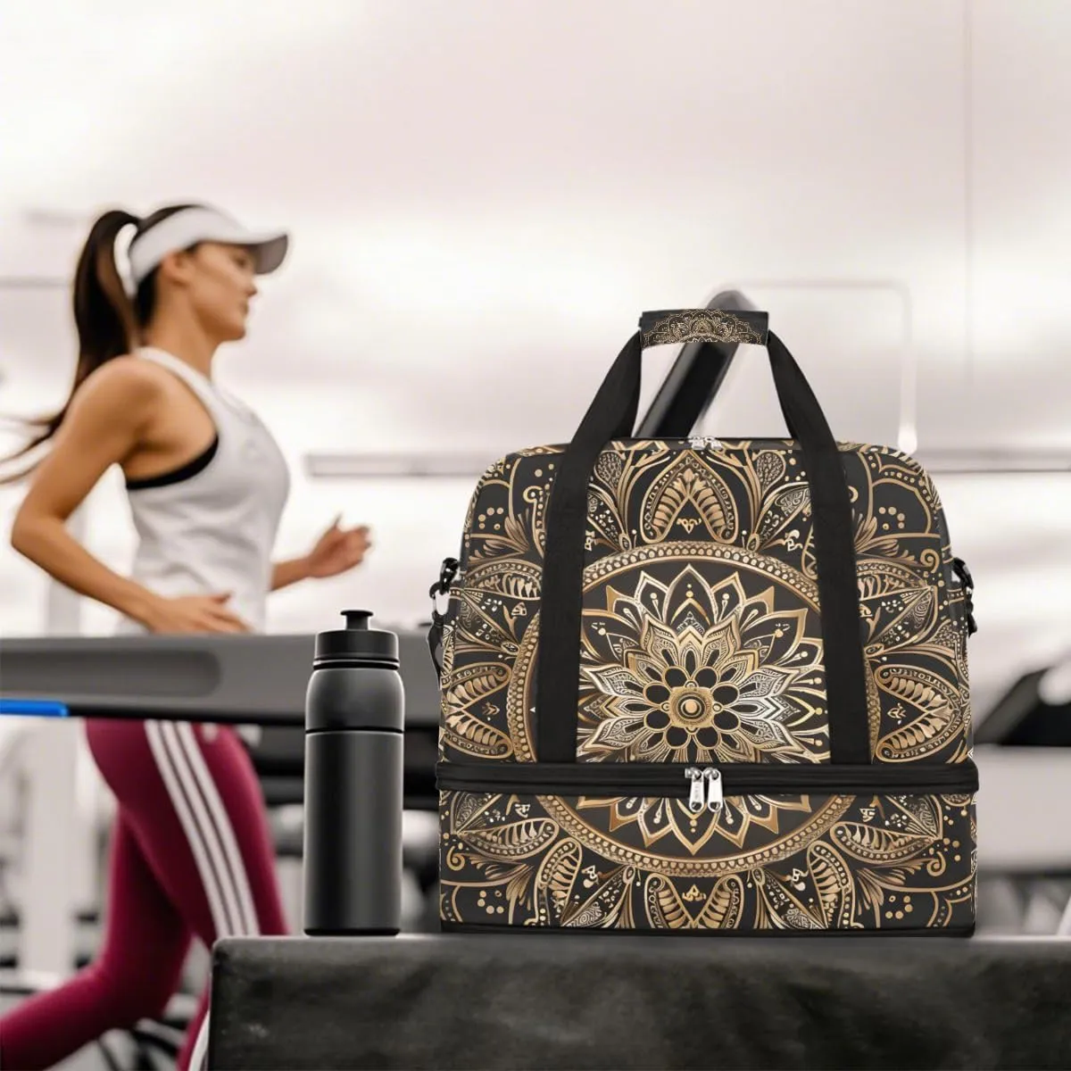 Sports Gym Bag Mandala Black Silk Gold Large Travel Duffel Bag With Shoe Compartment Foldable Waterproof Carry-On Weekend Travel Bags for Camping Overnight Yoga Hospital Travel Bags