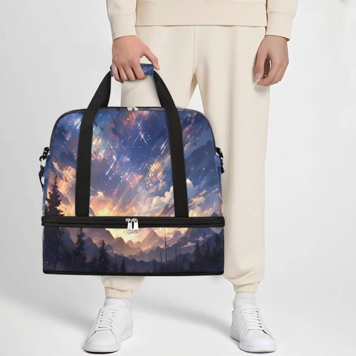 Sports Gym Bag Meteor Shower Large Travel Duffel Bag With Shoe Compartment Foldable Waterproof Carry-On Weekend Travel Bags for Camping Overnight Yoga Hospital Travel Bags
