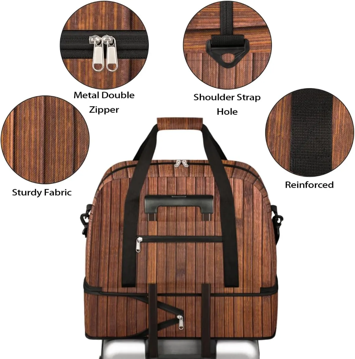 Sports Gym Bag Wooden Brown Background Large Travel Duffel Bag With Shoe Compartment Foldable Waterproof Carry-On Weekend Travel Bags for Camping Overnight Yoga Hospital Travel Bags