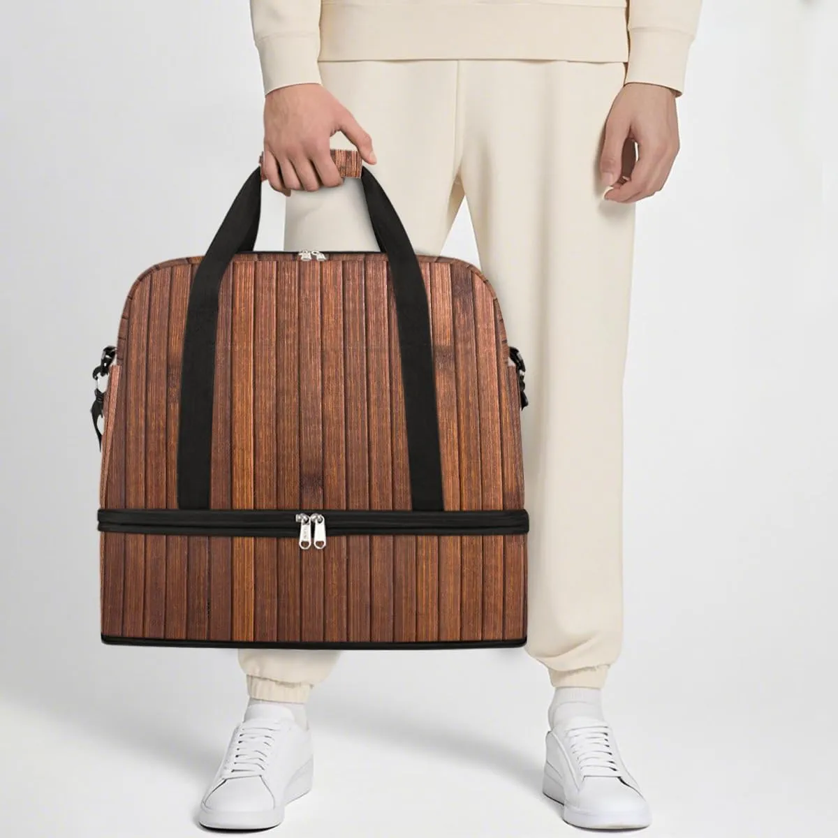 Sports Gym Bag Wooden Brown Background Large Travel Duffel Bag With Shoe Compartment Foldable Waterproof Carry-On Weekend Travel Bags for Camping Overnight Yoga Hospital Travel Bags