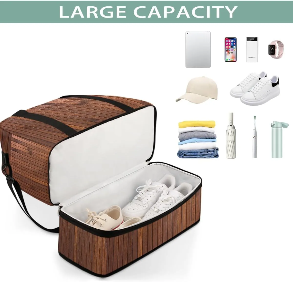 Sports Gym Bag Wooden Brown Background Large Travel Duffel Bag With Shoe Compartment Foldable Waterproof Carry-On Weekend Travel Bags for Camping Overnight Yoga Hospital Travel Bags