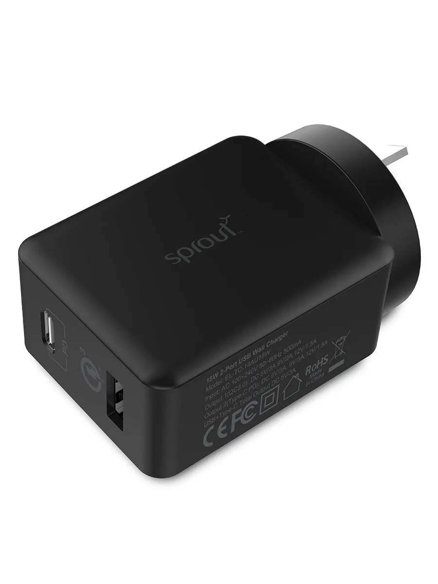Sprout Dual Port Power Supply QC3.0 – Dual USB Ports, Compact Design - Open Never Used - (AU Version)
