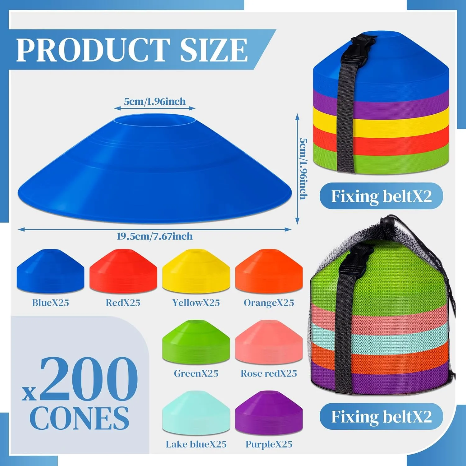 Sratte 200 Pcs Soccer Cones with Strap and Mesh Bag Agility Disc Cones Soccer Training Cones Disc Sports Cones for Drills Challenge Football Basketball Skating Kids Games Outdoor Indoor