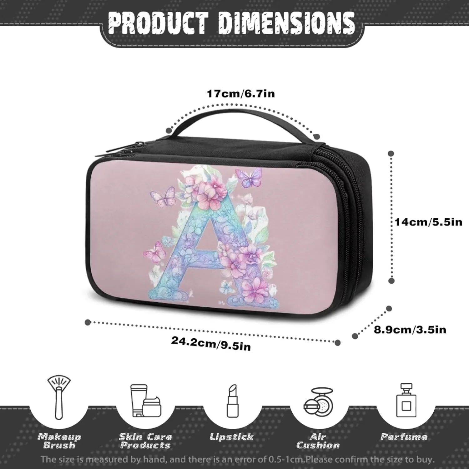 Stylish Initial Makeup Bag for Women for Working Women - Waterproof Polyester Cosmetic Organizer with Multiple Pockets, Machine Washable Gift Idea Pink A