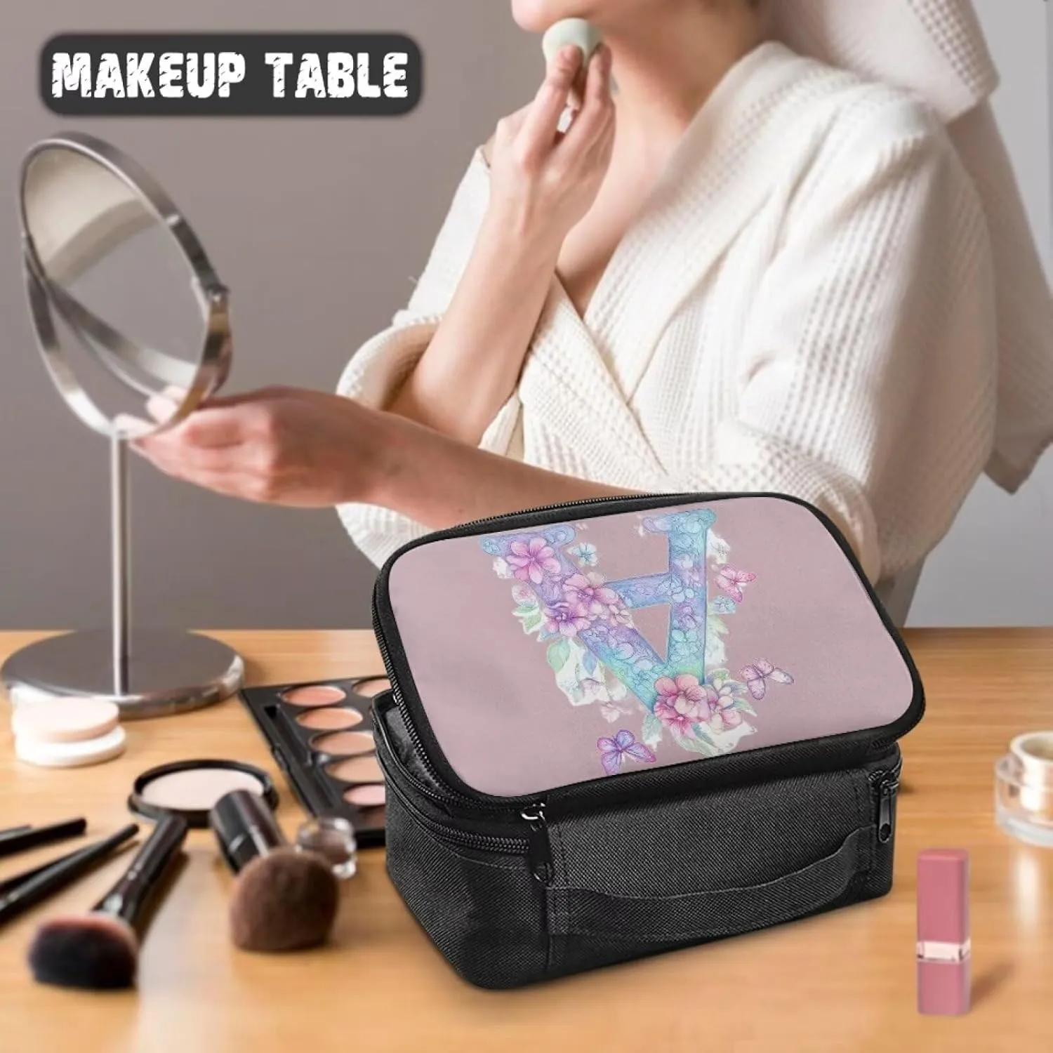 Stylish Initial Makeup Bag for Women for Working Women - Waterproof Polyester Cosmetic Organizer with Multiple Pockets, Machine Washable Gift Idea Pink A