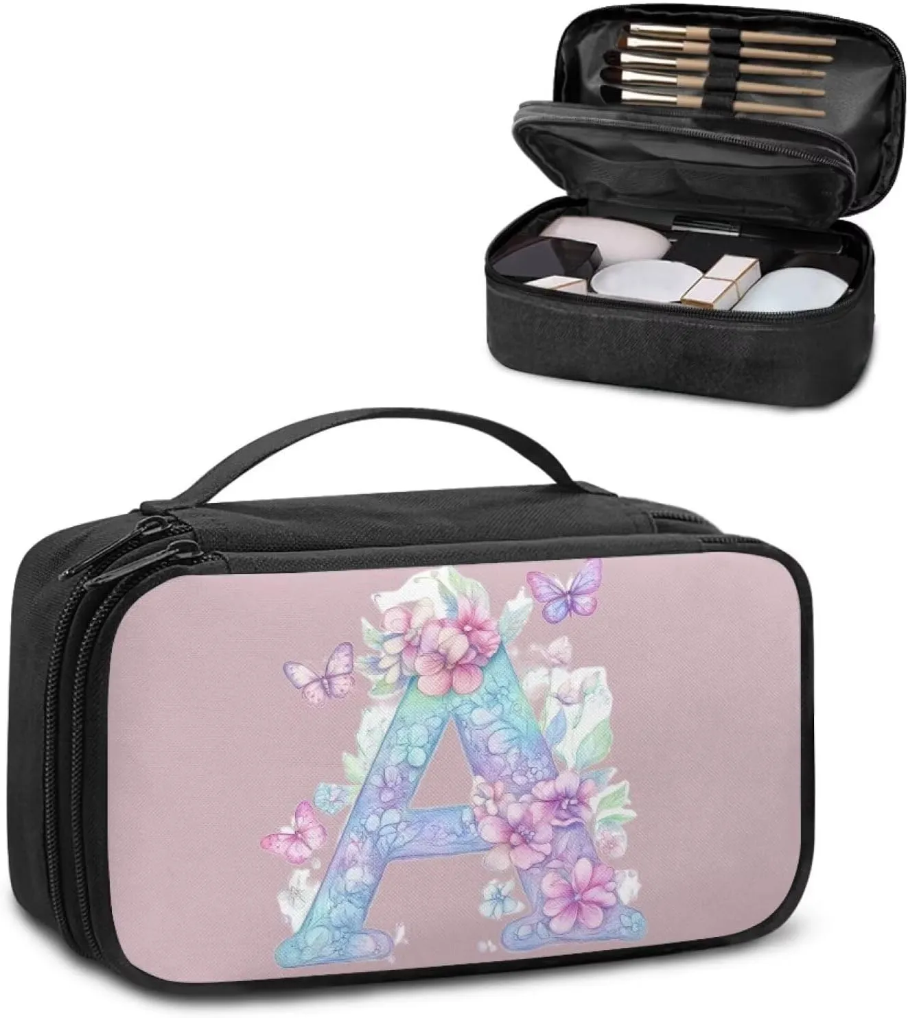 Stylish Initial Makeup Bag for Women for Working Women - Waterproof Polyester Cosmetic Organizer with Multiple Pockets, Machine Washable Gift Idea Pink A