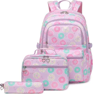 Sugaroom Backpack for Girls Backpack with Lunch Box Kids Backpack School Bags Primary Elementary Bookbags for Teen Girls (Donut-purple)