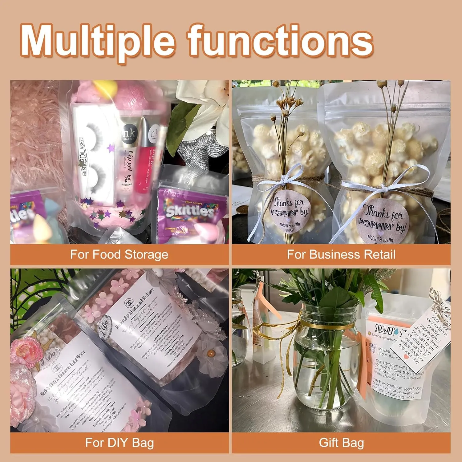 SumDirect 50Pcs 6x8.6inches Matte Frosted (Not Clear) Zipper Resealable Stand Up Drink Bags,Snack Food Tea Packing Drinking Pouches - 6x8.6inches