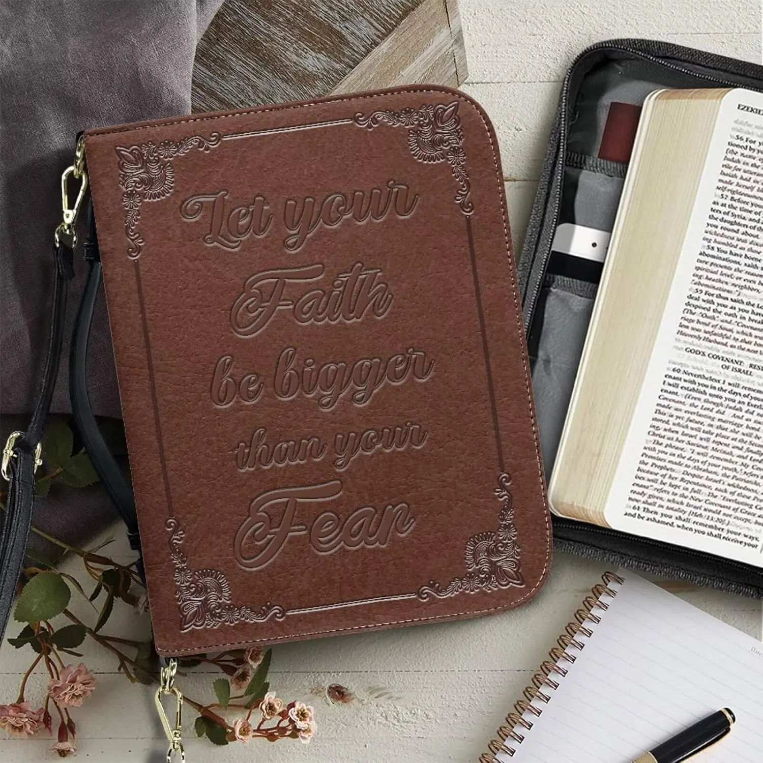 Suobstales Cross Floral Print Bible Cover for Women Men, Let Your Faith Be Bigger Bible Bags Bible Carrier Bible Case Bible Holder Cover with Shoulder Strap, Bible Carrying Case with Handle, 2XL