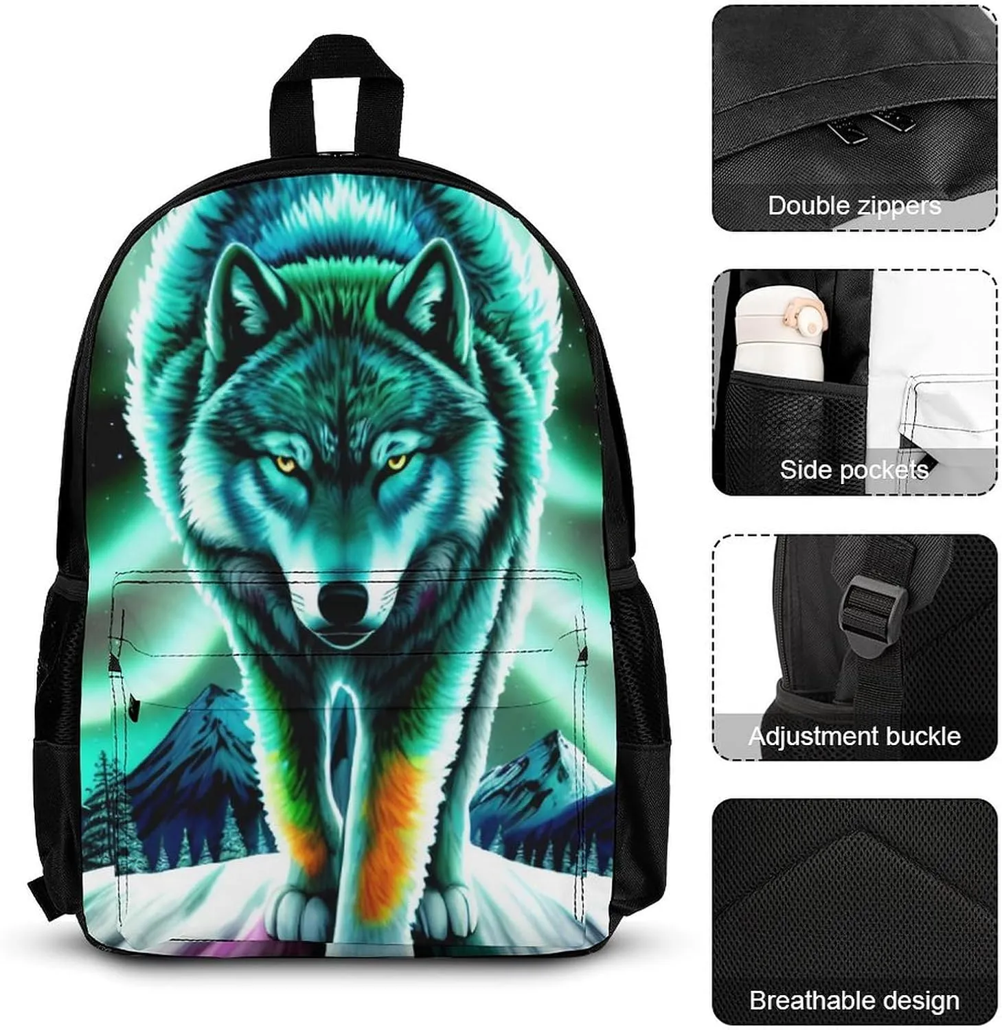 Supdreamc Adults Backpack Sets - Mountain And Northern Light Wolves Psychedelic Art Shoulder Book Bags Travel Daypack   Lunch Bag   Pencil Case, Gym Outdoor Hiking Bag Book Rucksack