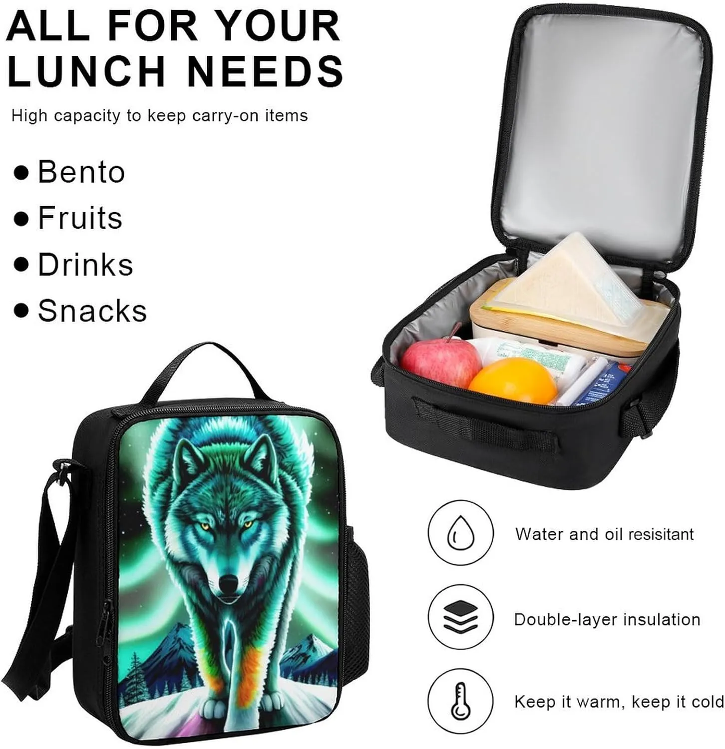 Supdreamc Adults Backpack Sets - Mountain And Northern Light Wolves Psychedelic Art Shoulder Book Bags Travel Daypack   Lunch Bag   Pencil Case, Gym Outdoor Hiking Bag Book Rucksack