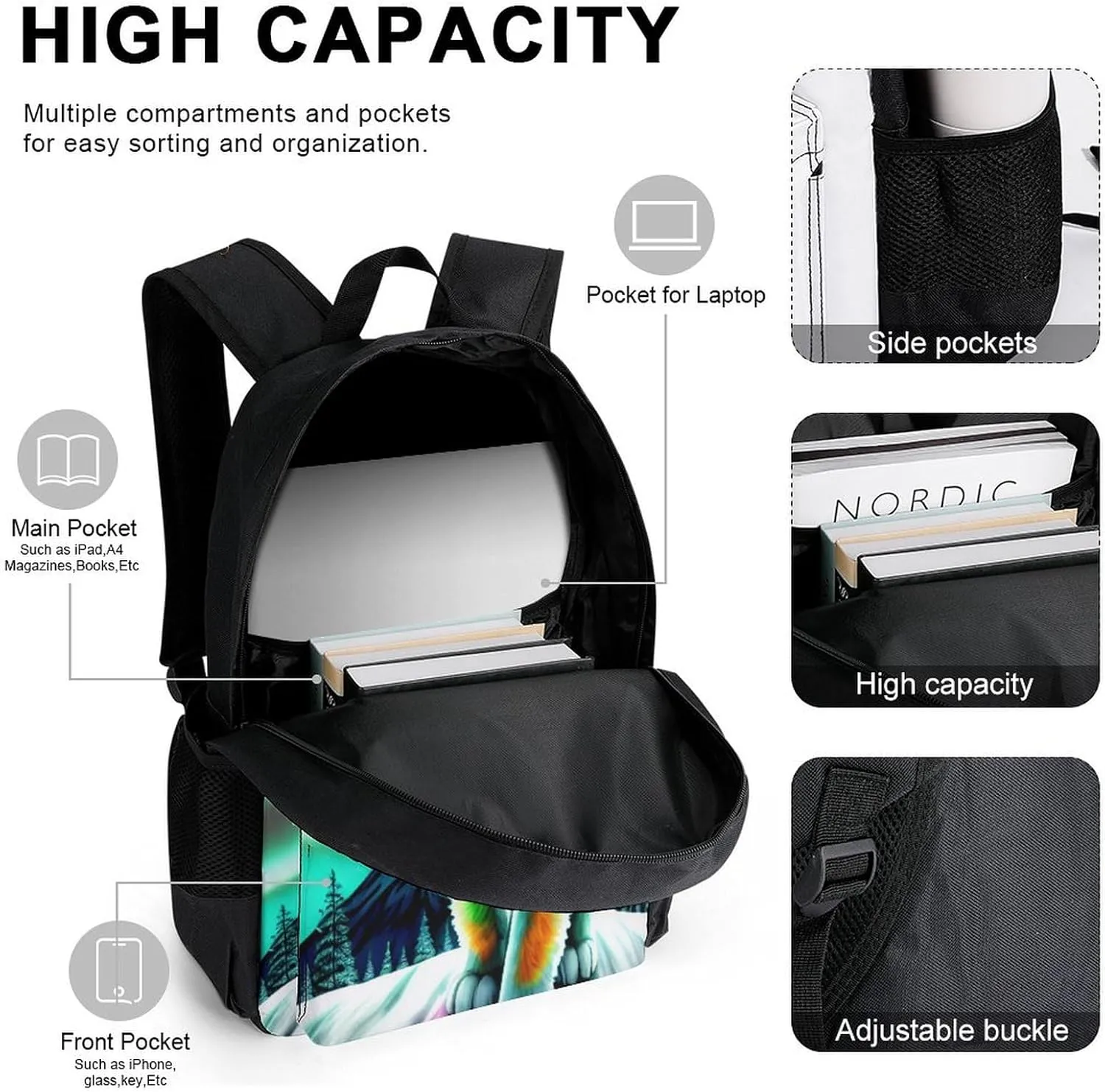 Supdreamc Adults Backpack Sets - Mountain And Northern Light Wolves Psychedelic Art Shoulder Book Bags Travel Daypack   Lunch Bag   Pencil Case, Gym Outdoor Hiking Bag Book Rucksack