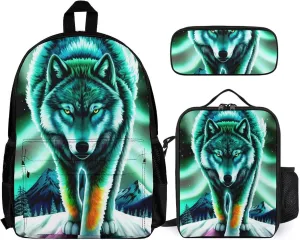 Supdreamc Adults Backpack Sets - Mountain And Northern Light Wolves Psychedelic Art Shoulder Book Bags Travel Daypack   Lunch Bag   Pencil Case, Gym Outdoor Hiking Bag Book Rucksack