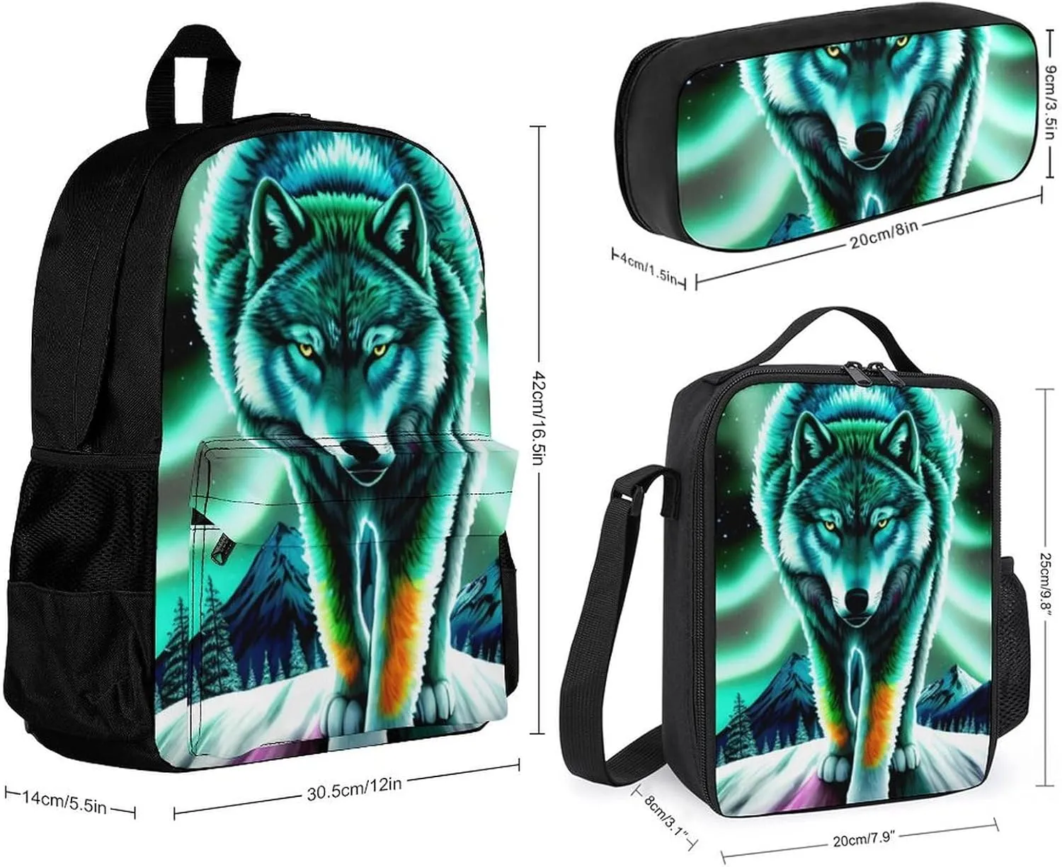 Supdreamc Adults Backpack Sets - Mountain And Northern Light Wolves Psychedelic Art Shoulder Book Bags Travel Daypack   Lunch Bag   Pencil Case, Gym Outdoor Hiking Bag Book Rucksack