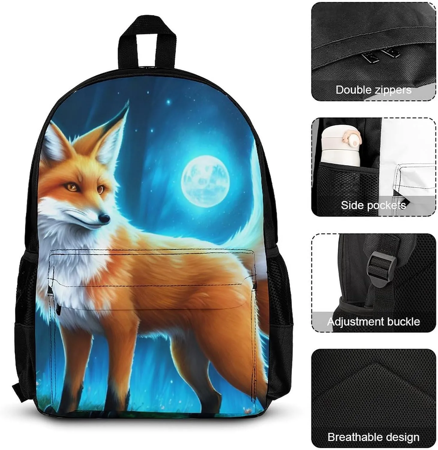 Supdreamc Shoulder Book Bags Sets, Backpack   Lunch Bag   Pencil Case for Travel Cycling, Magical Kitsune Fox Art Travel Hiking Bag for Man/Women/College Men and Women