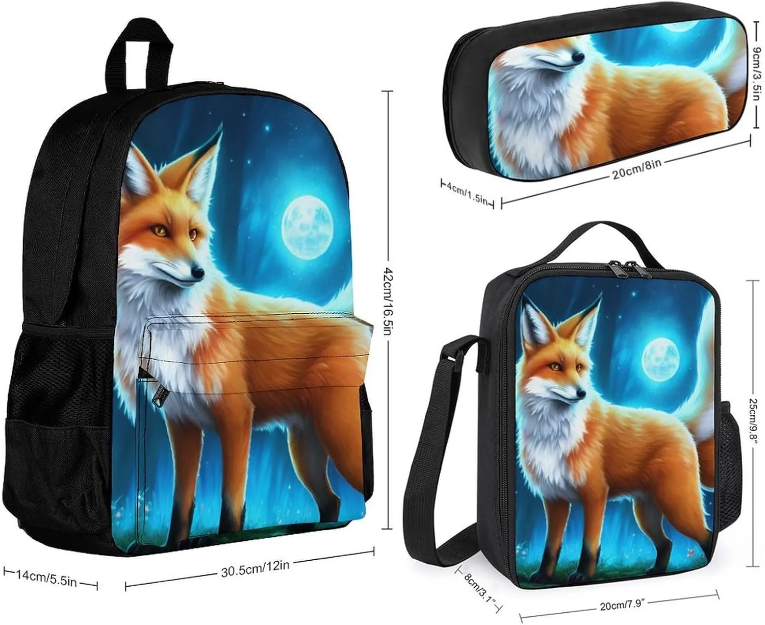 Supdreamc Shoulder Book Bags Sets, Backpack   Lunch Bag   Pencil Case for Travel Cycling, Magical Kitsune Fox Art Travel Hiking Bag for Man/Women/College Men and Women