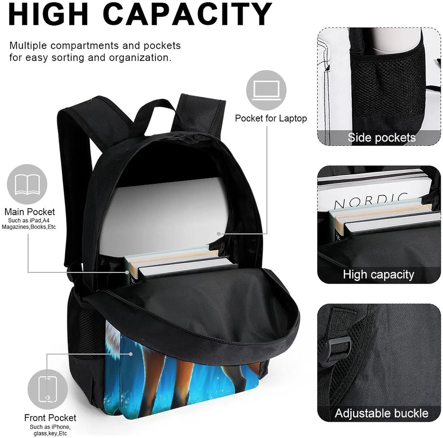 Supdreamc Shoulder Book Bags Sets, Backpack   Lunch Bag   Pencil Case for Travel Cycling, Magical Kitsune Fox Art Travel Hiking Bag for Man/Women/College Men and Women