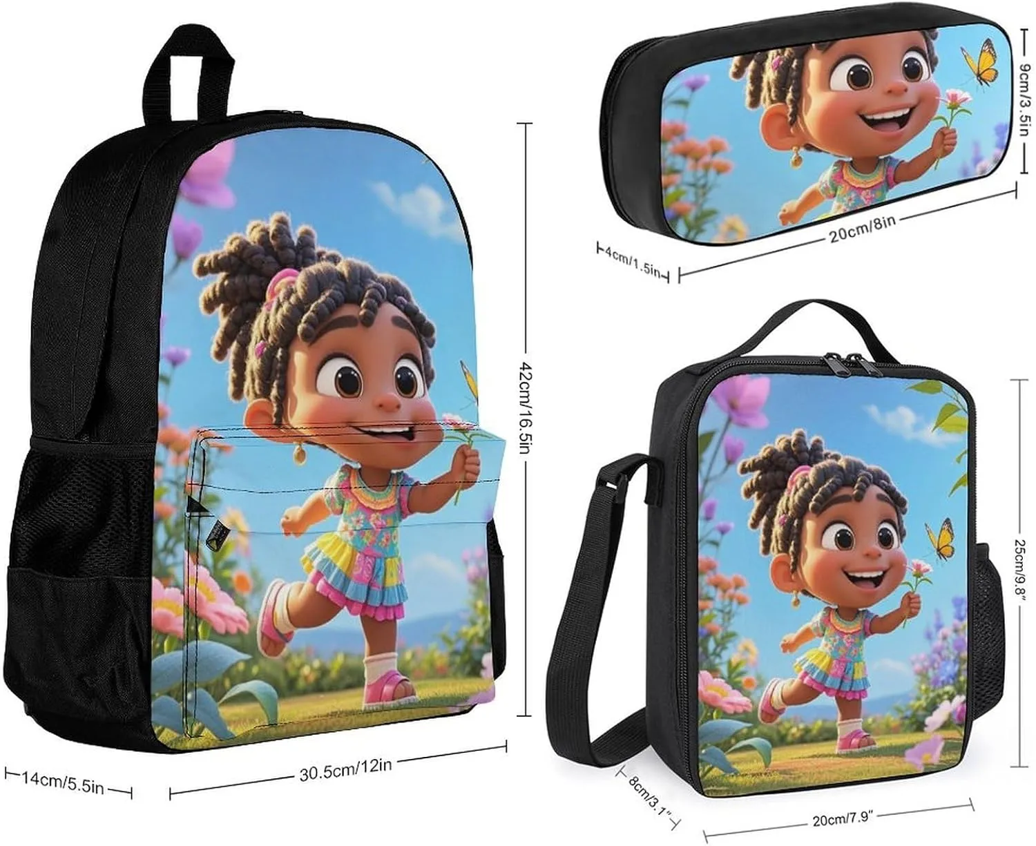 Supdreamc Travel Hiking Daypack 3 Piece Daypack Sets Shoulder Bag Big Capacity Rucksacks Colorful Afro American Black Woman With Butterflies Art Shoulder Book Bags for Adult