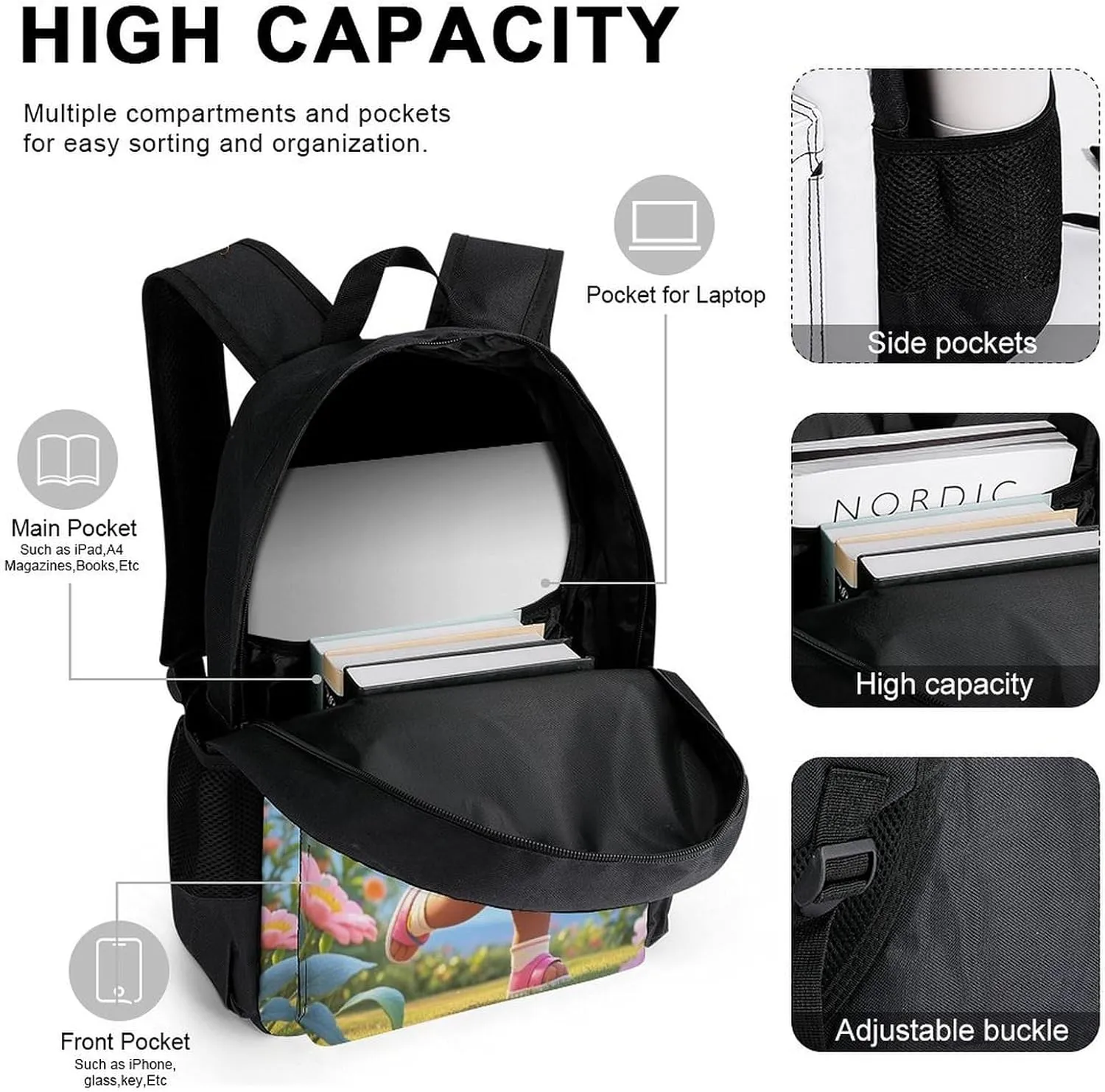 Supdreamc Travel Hiking Daypack 3 Piece Daypack Sets Shoulder Bag Big Capacity Rucksacks Colorful Afro American Black Woman With Butterflies Art Shoulder Book Bags for Adult
