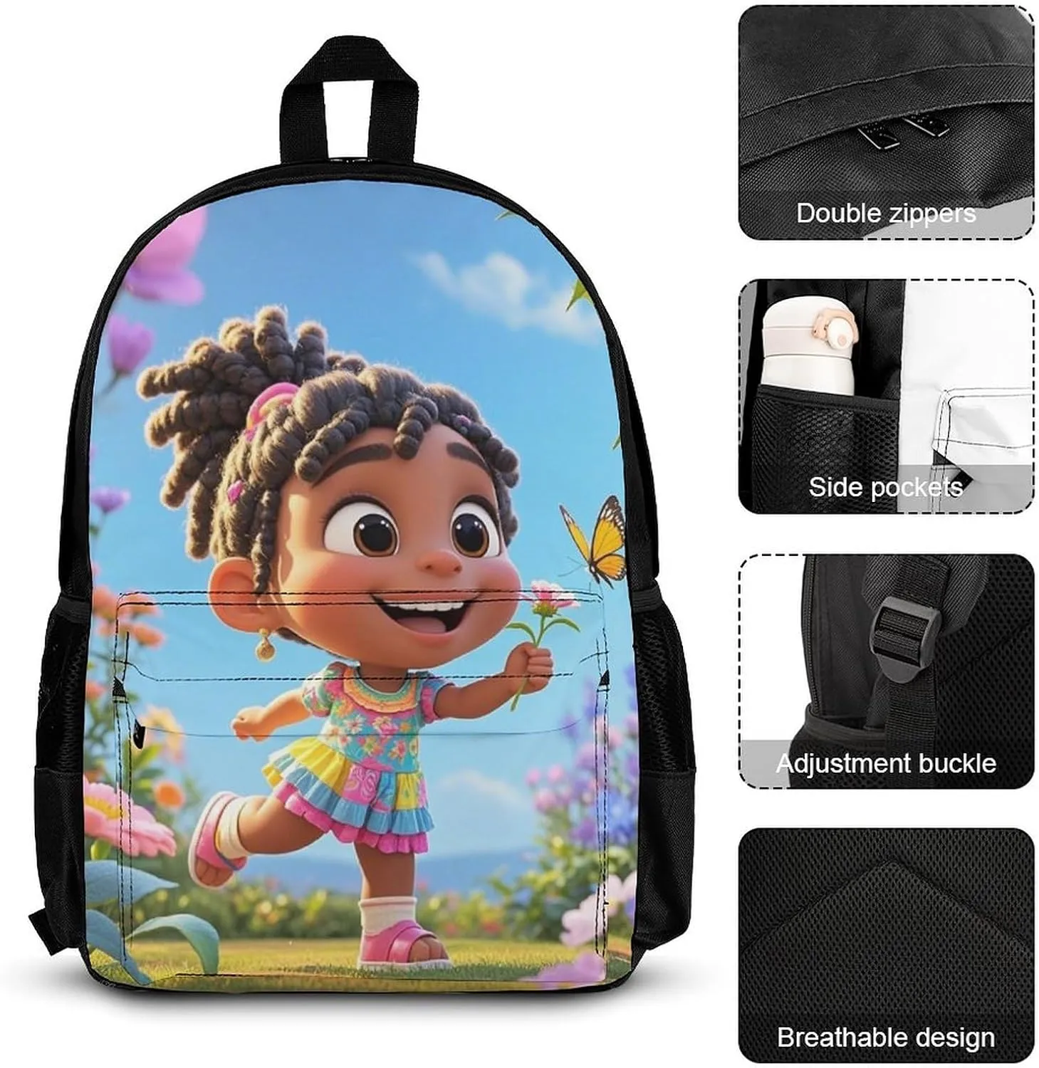 Supdreamc Travel Hiking Daypack 3 Piece Daypack Sets Shoulder Bag Big Capacity Rucksacks Colorful Afro American Black Woman With Butterflies Art Shoulder Book Bags for Adult