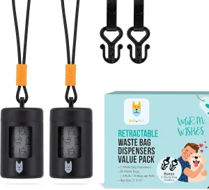 SVD.PET 2-Pack Retractable Waste Bag Dispensers with 60 Large Leak-proof Poop Bags, Dog Walking Accessory, Black