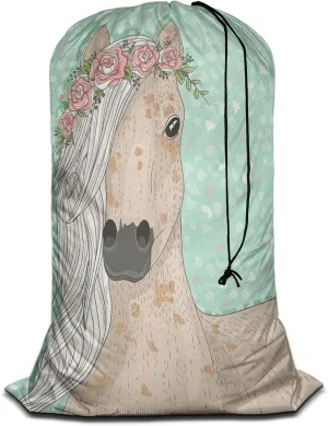 Swono Beautiful Horse Laundry Bags With Drawstring XL Travel Storage Bags 28"x40", Unicorn Floral Blossom Fairy Tale Rose Floral Peony Washable Dirty Clothes Organizer, Oxford Cloth, Green