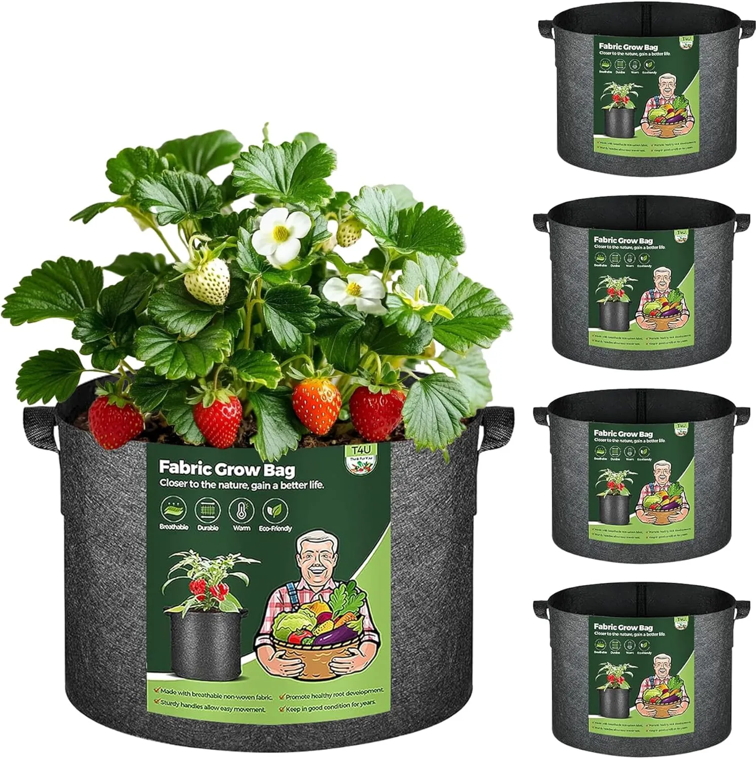 T4U 10 Gallon Grow Bags, Fabric Pots for Plants Potato Planter Grow Garden Bags to Grow Vegetables Tomato Planting Growing Bags Smart Plant Pot Container Gardening for Outdoor, Black Nonwoven (5 Pack)