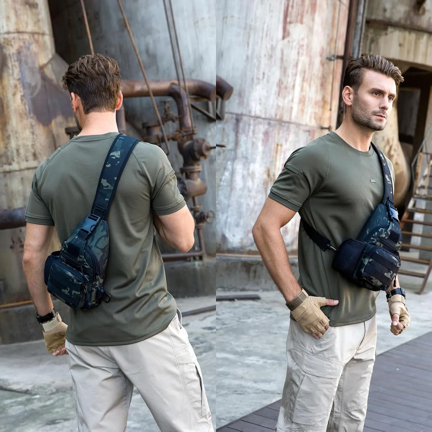 Tactical Sling Crossbody Backpack with Water Bottle Holder, MOLLE EDC Shoulder Sling Chest Bags with USB Charging Port for Travel Walk(Black Cp)