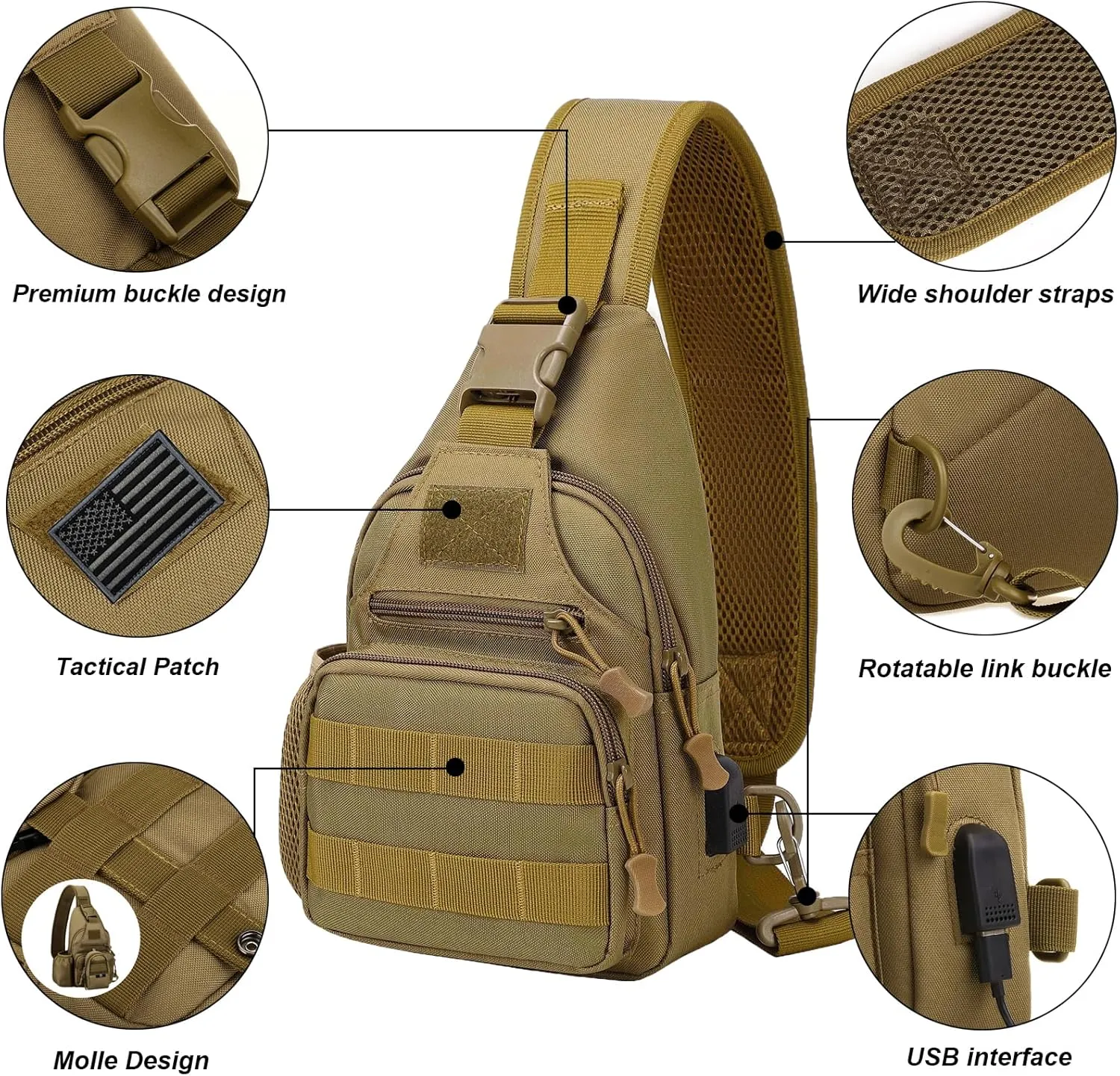 Tactical Sling Crossbody Backpack with Water Bottle Holder, MOLLE EDC Shoulder Sling Chest Bags with USB Charging Port for Travel Walk(Black Cp)