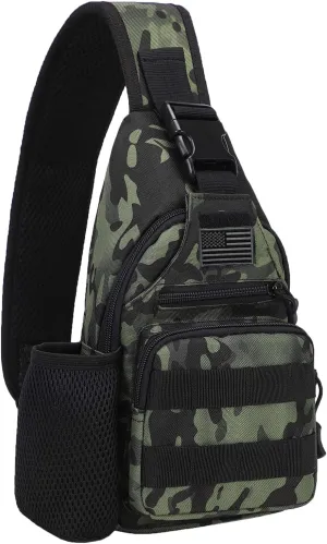 Tactical Sling Crossbody Backpack with Water Bottle Holder, MOLLE EDC Shoulder Sling Chest Bags with USB Charging Port for Travel Walk(Black Cp)