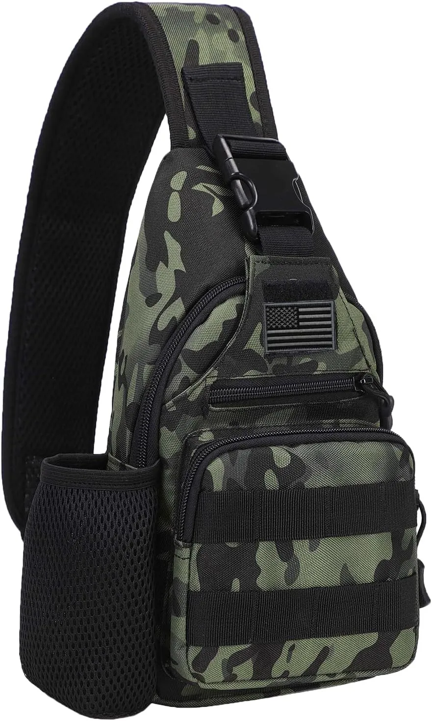 Tactical Sling Crossbody Backpack with Water Bottle Holder, MOLLE EDC Shoulder Sling Chest Bags with USB Charging Port for Travel Walk(Black Cp)