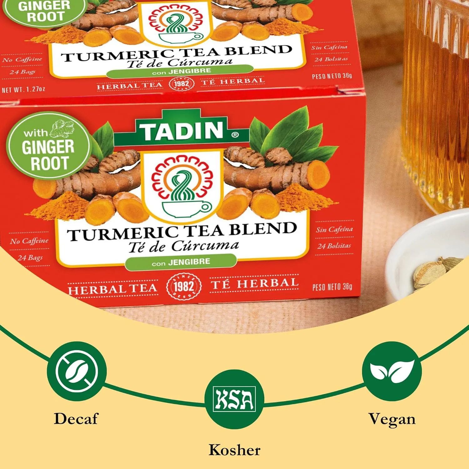 Tadin Turmeric Tea Blend, Herbal Tea, Caffeine Free Tea, Decaf Tea, Tea Packets for Hot Tea, 24 Tea Bags Per Box, Pack of 6