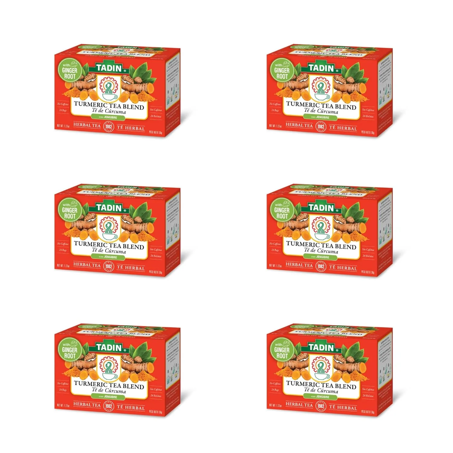 Tadin Turmeric Tea Blend, Herbal Tea, Caffeine Free Tea, Decaf Tea, Tea Packets for Hot Tea, 24 Tea Bags Per Box, Pack of 6
