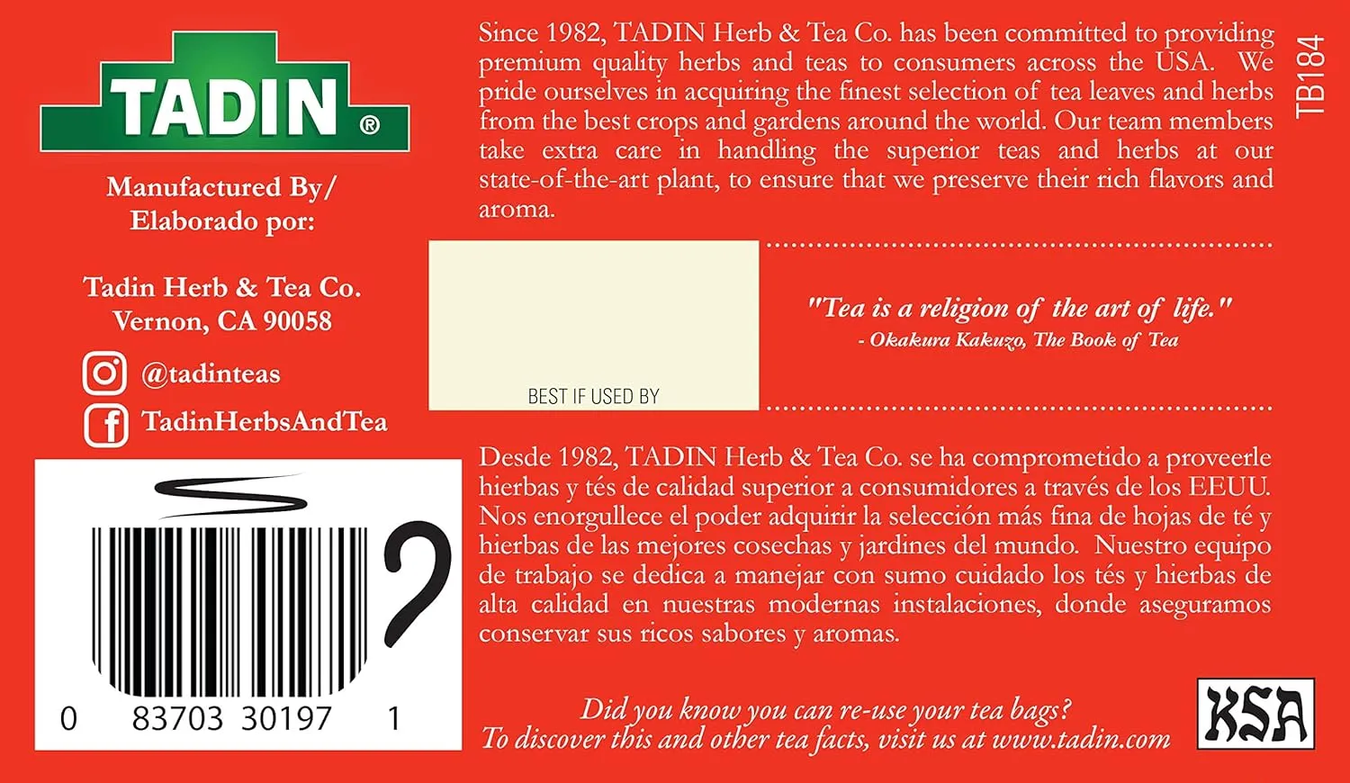 Tadin Turmeric Tea Blend, Herbal Tea, Caffeine Free Tea, Decaf Tea, Tea Packets for Hot Tea, 24 Tea Bags Per Box, Pack of 6