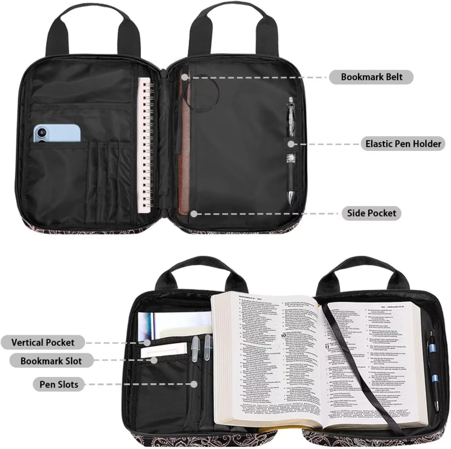 Talayituse Heart Bow Print Bible Cover for Women Girl Bible Case Scripture Handbag Church Tote Bags Bible Book Case Bible Cover Bag with Handle and Zipper Pocket