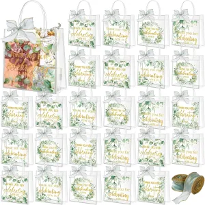 Talltalk 50 Pcs Wedding Clear Plastic Gift Bags with Handle PVC Green Leaves Transparent Gift Wrap Bags with 2 Ribbon Reusable Wedding Plastic Party Favor Bags for Wedding