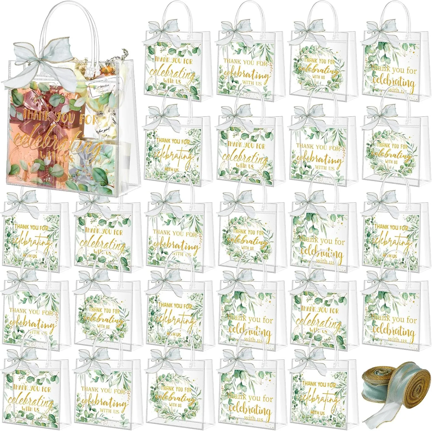Talltalk 50 Pcs Wedding Clear Plastic Gift Bags with Handle PVC Green Leaves Transparent Gift Wrap Bags with 2 Ribbon Reusable Wedding Plastic Party Favor Bags for Wedding