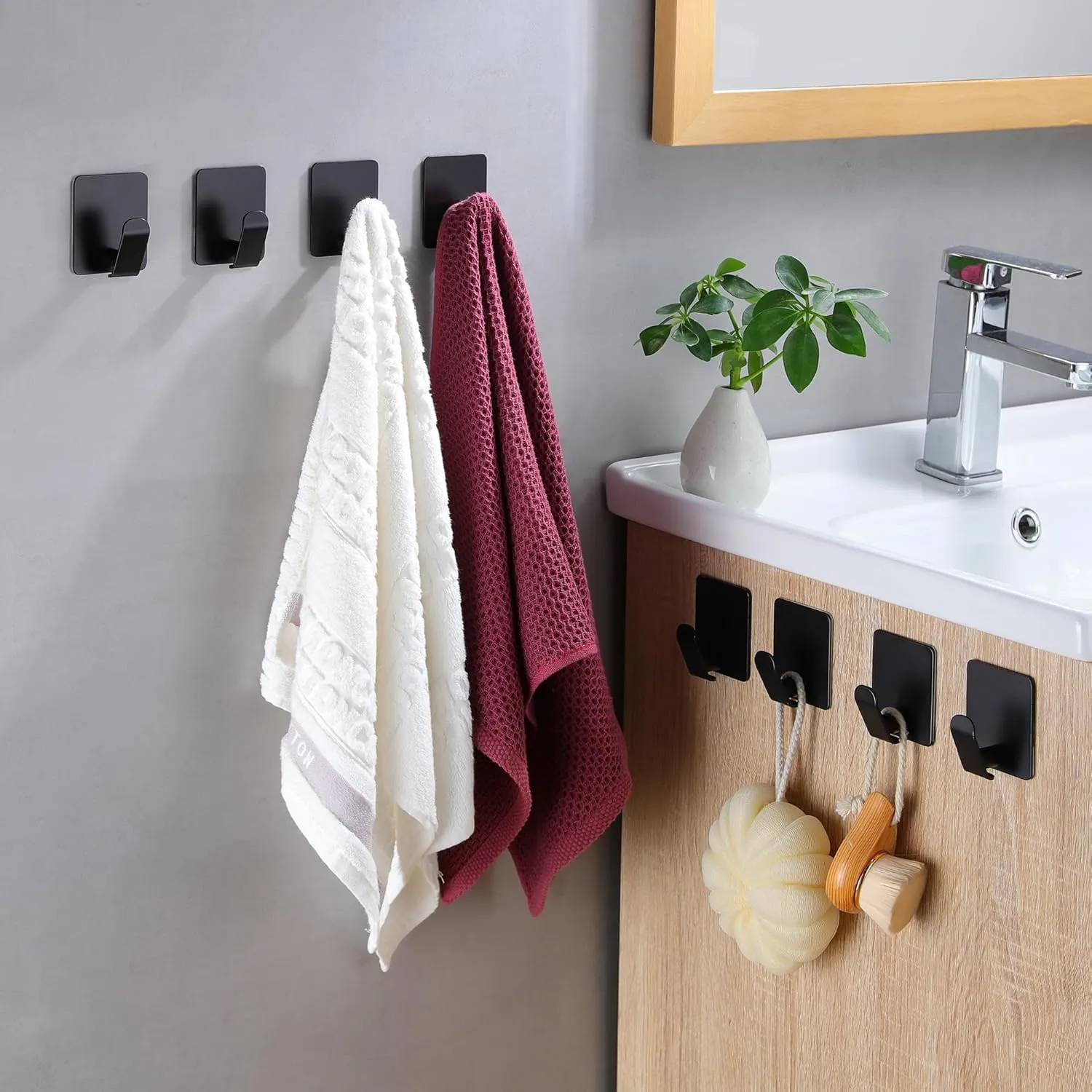 Taozun Adhesive Hooks 8 Packs, Black Wall Hooks for Hanging Coat/Towel Hooks Stainless Steel Waterproof Robe Hooks for Bathroom Bedroom Kitchen